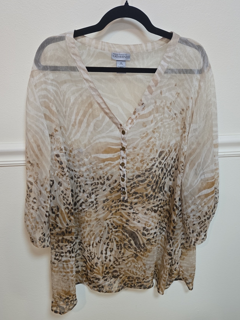 Catherines Sheer Neutral Animal-Print V-Neck Tunic in Beige and Brown